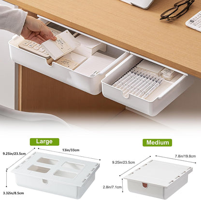 Under Desk Drawer, Large Self-Adhesive Under Desks Organiser, 13x9.2inch Hidden Under Desk Storage Box Cosmetics Case for Storage of Cutlery, Office Supplies, Stationery and Cosmetic (White)