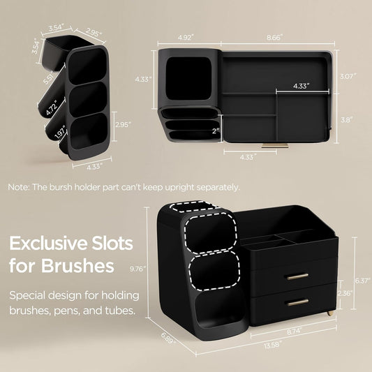 Makeup Organizer with Brush Holder for Vanity, Large Plastic Bathroom Countertop Organizer Skin Care Storage, Easy to Store Lipsticks, Nail Polishes, Perfumes, Eyeshadow Palettes, All White