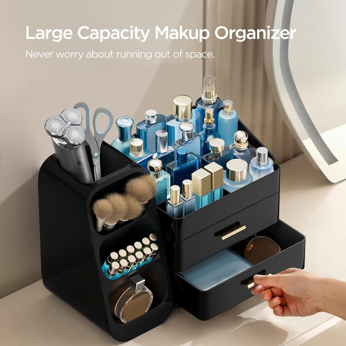 Makeup Organizer with Brush Holder for Vanity, Large Plastic Bathroom Countertop Organizer Skin Care Storage, Easy to Store Lipsticks, Nail Polishes, Perfumes, Eyeshadow Palettes, All White