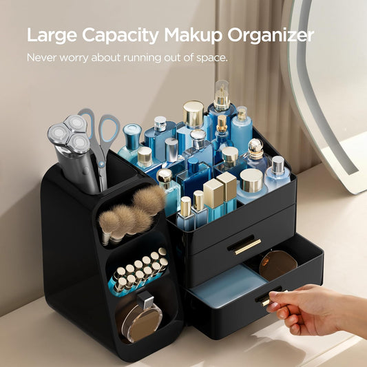 Makeup Organizer with Brush Holder for Vanity, Large Plastic Bathroom Countertop Organizer Skin Care Storage, Easy to Store Lipsticks, Nail Polishes, Perfumes, Eyeshadow Palettes, All White