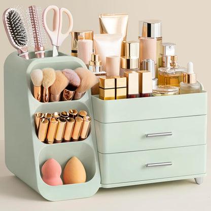Makeup Organizer with Brush Holder for Vanity, Large Plastic Bathroom Countertop Organizer Skin Care Storage, Easy to Store Lipsticks, Nail Polishes, Perfumes, Eyeshadow Palettes, All White