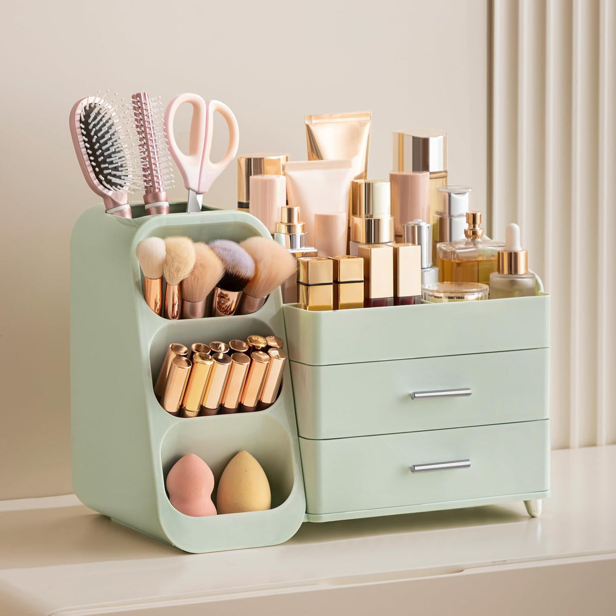Makeup Organizer with Brush Holder for Vanity, Large Plastic Bathroom Countertop Organizer Skin Care Storage, Easy to Store Lipsticks, Nail Polishes, Perfumes, Eyeshadow Palettes, All White