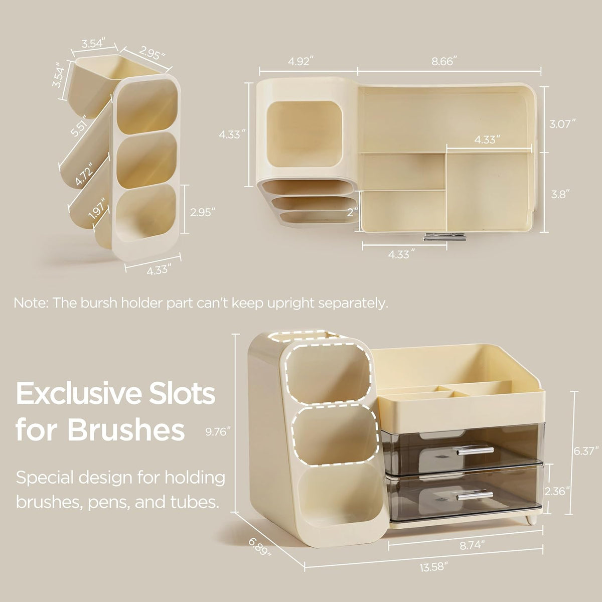 Makeup Organizer with Brush Holder for Vanity, Large Plastic Bathroom Countertop Organizer Skin Care Storage, Easy to Store Lipsticks, Nail Polishes, Perfumes, Eyeshadow Palettes, All White