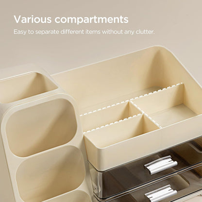 Makeup Organizer with Brush Holder for Vanity, Large Plastic Bathroom Countertop Organizer Skin Care Storage, Easy to Store Lipsticks, Nail Polishes, Perfumes, Eyeshadow Palettes, All White