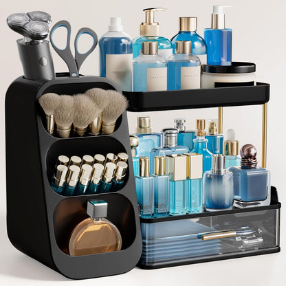 Makeup Organizer with Brush Holder for Vanity, Large Plastic Bathroom Countertop Organizer Skin Care Storage, Easy to Store Lipsticks, Nail Polishes, Perfumes, Eyeshadow Palettes, All White