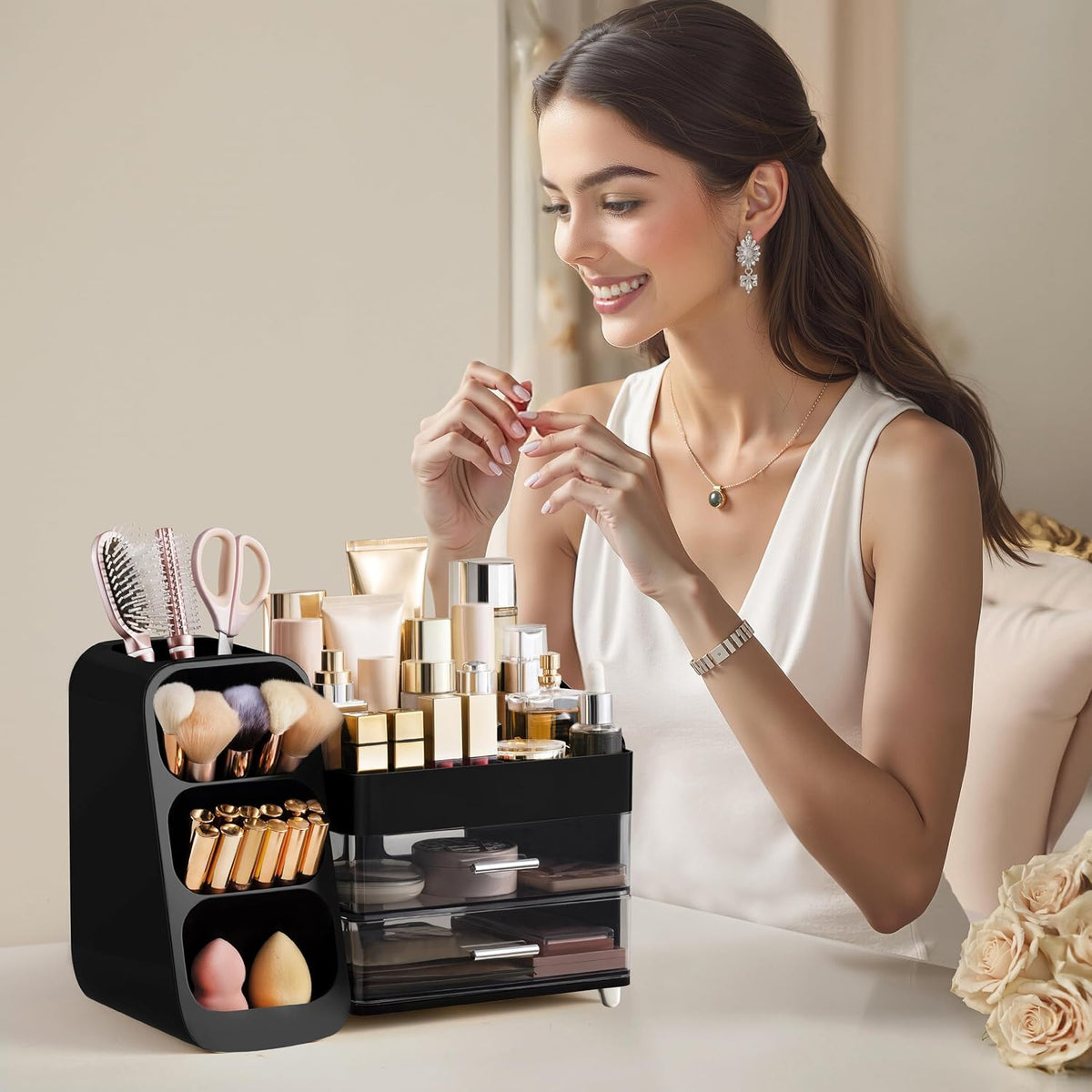 Makeup Organizer with Brush Holder for Vanity, Large Plastic Bathroom Countertop Organizer Skin Care Storage, Easy to Store Lipsticks, Nail Polishes, Perfumes, Eyeshadow Palettes, All White