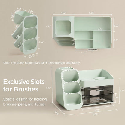 Makeup Organizer with Brush Holder for Vanity, Large Plastic Bathroom Countertop Organizer Skin Care Storage, Easy to Store Lipsticks, Nail Polishes, Perfumes, Eyeshadow Palettes, All White