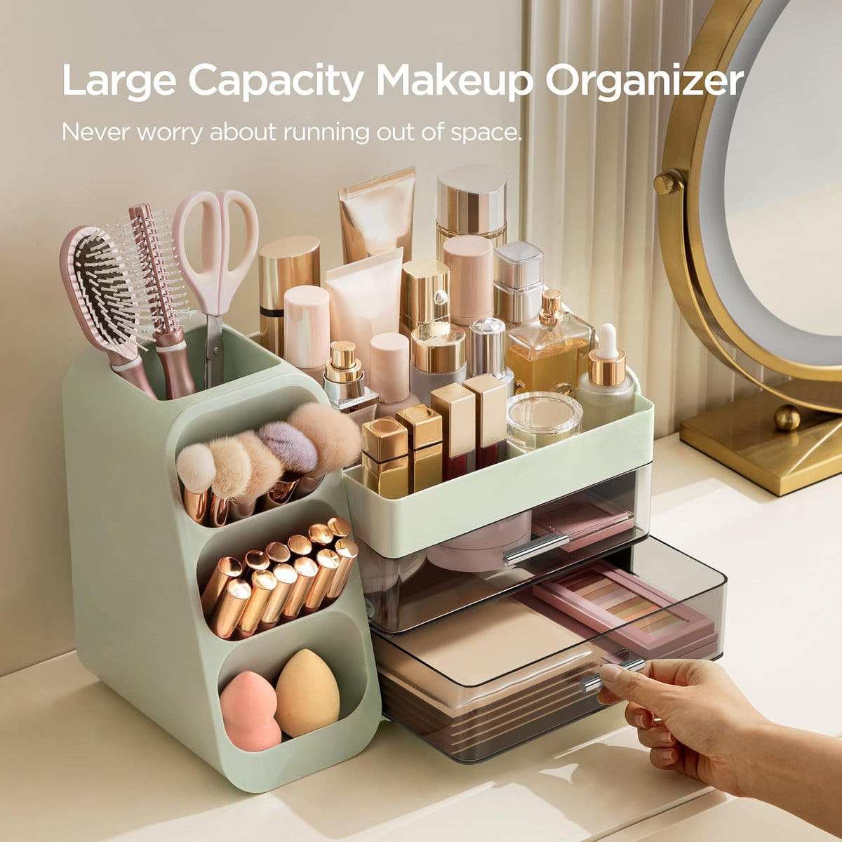 Makeup Organizer with Brush Holder for Vanity, Large Plastic Bathroom Countertop Organizer Skin Care Storage, Easy to Store Lipsticks, Nail Polishes, Perfumes, Eyeshadow Palettes, All White