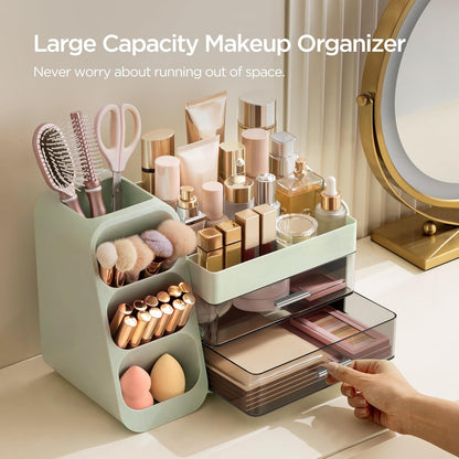 Makeup Organizer with Brush Holder for Vanity, Large Plastic Bathroom Countertop Organizer Skin Care Storage, Easy to Store Lipsticks, Nail Polishes, Perfumes, Eyeshadow Palettes, All White