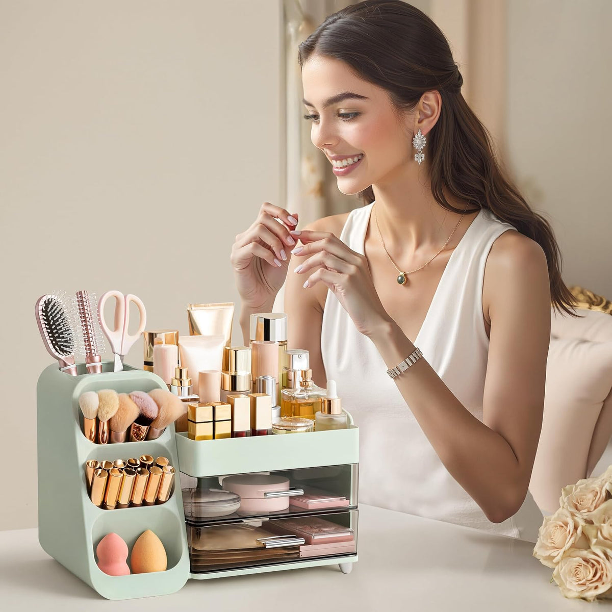 Makeup Organizer with Brush Holder for Vanity, Large Plastic Bathroom Countertop Organizer Skin Care Storage, Easy to Store Lipsticks, Nail Polishes, Perfumes, Eyeshadow Palettes, All White