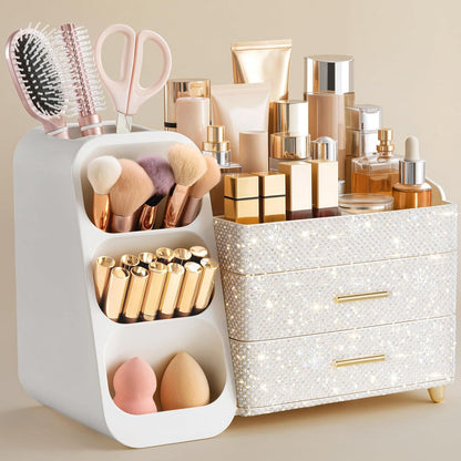 Makeup Organizer with Brush Holder for Vanity, Large Plastic Bathroom Countertop Organizer Skin Care Storage, Easy to Store Lipsticks, Nail Polishes, Perfumes, Eyeshadow Palettes, All White