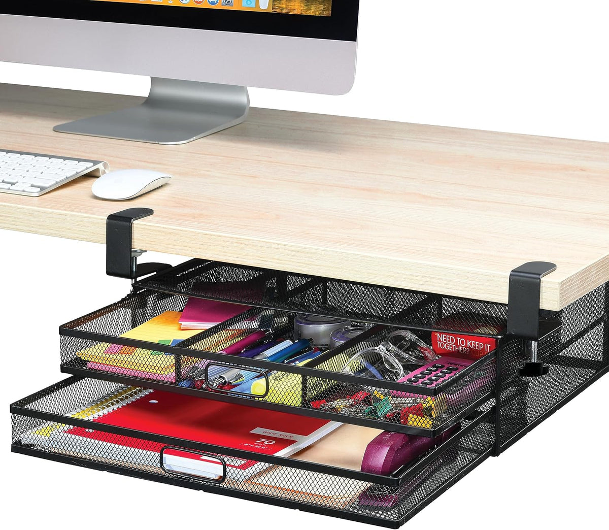 Under Desk Drawer Organizer Clamp-On, Mesh Metal Drawer Attachment, 2 Drawer Slide Out, On Or Under Desk Organizer For Office Supplies & Home Essentials (2 Drawers)