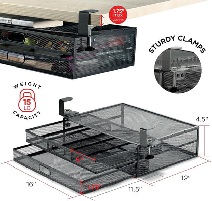 Under Desk Drawer Organizer Clamp-On, Mesh Metal Drawer Attachment, 2 Drawer Slide Out, On Or Under Desk Organizer For Office Supplies & Home Essentials (2 Drawers)