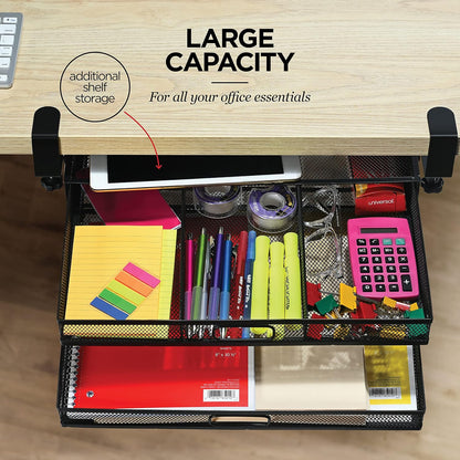 Under Desk Drawer Organizer Clamp-On, Mesh Metal Drawer Attachment, 2 Drawer Slide Out, On Or Under Desk Organizer For Office Supplies & Home Essentials (2 Drawers)