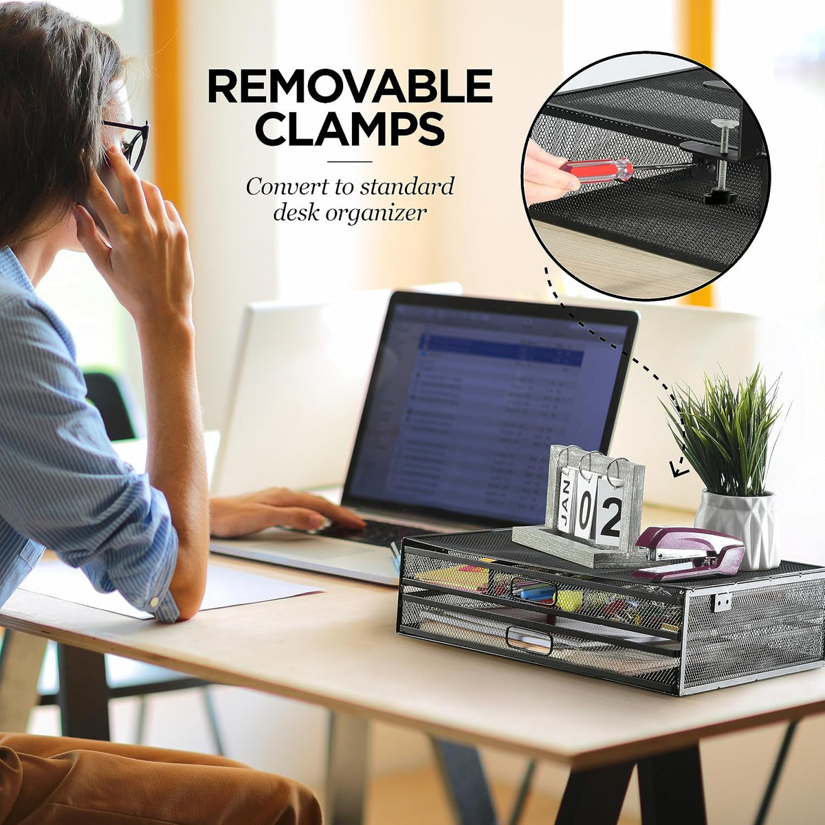 Under Desk Drawer Organizer Clamp-On, Mesh Metal Drawer Attachment, 2 Drawer Slide Out, On Or Under Desk Organizer For Office Supplies & Home Essentials (2 Drawers)