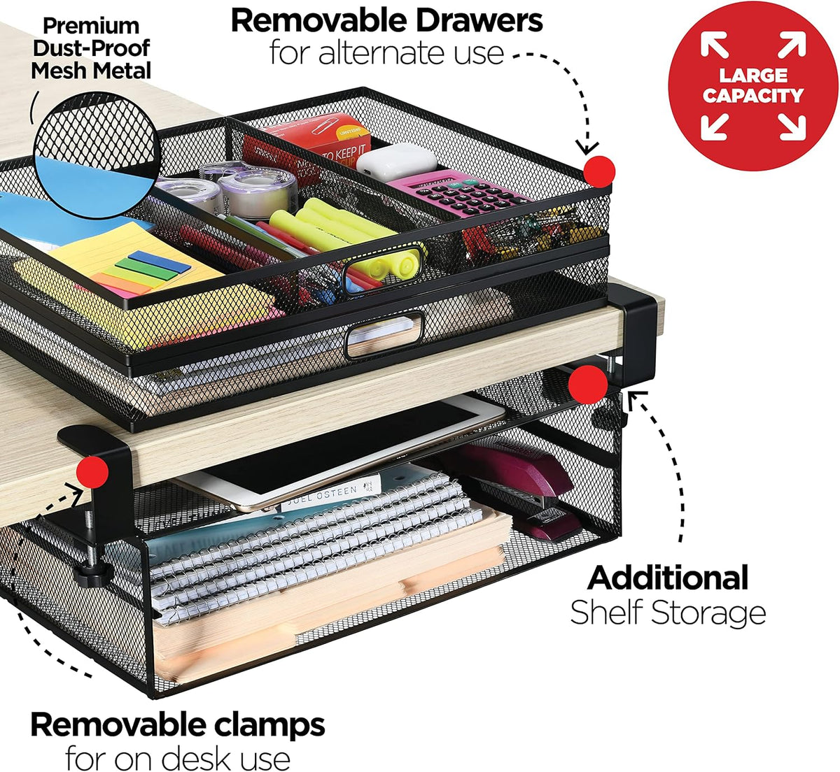 Under Desk Drawer Organizer Clamp-On, Mesh Metal Drawer Attachment, 2 Drawer Slide Out, On Or Under Desk Organizer For Office Supplies & Home Essentials (2 Drawers)