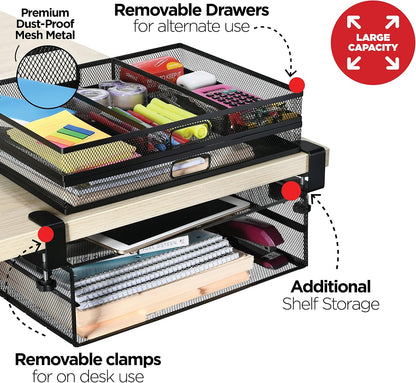 Under Desk Drawer Organizer Clamp-On, Mesh Metal Drawer Attachment, 2 Drawer Slide Out, On Or Under Desk Organizer For Office Supplies & Home Essentials (2 Drawers)