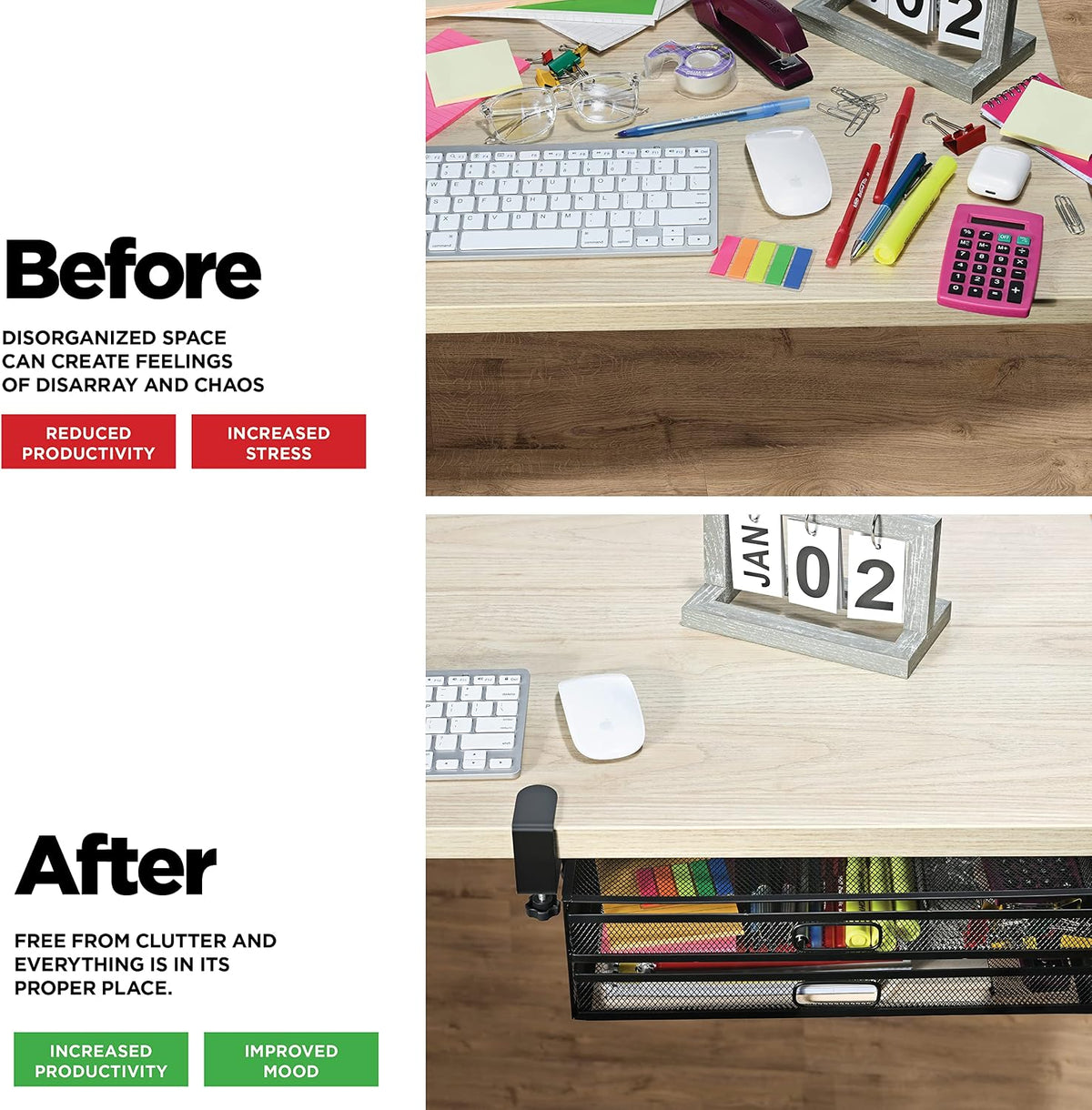 Under Desk Drawer Organizer Clamp-On, Mesh Metal Drawer Attachment, 2 Drawer Slide Out, On Or Under Desk Organizer For Office Supplies & Home Essentials (2 Drawers)