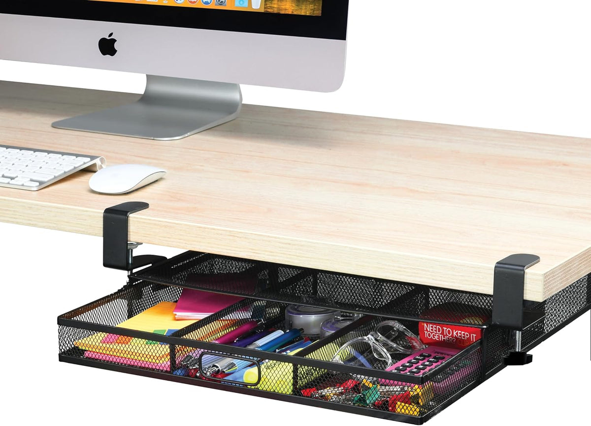 Under Desk Drawer Organizer Clamp-On, Mesh Metal Drawer Attachment, 2 Drawer Slide Out, On Or Under Desk Organizer For Office Supplies & Home Essentials (2 Drawers)