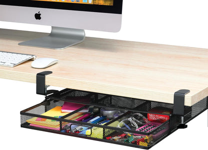 Under Desk Drawer Organizer Clamp-On, Mesh Metal Drawer Attachment, 2 Drawer Slide Out, On Or Under Desk Organizer For Office Supplies & Home Essentials (2 Drawers)