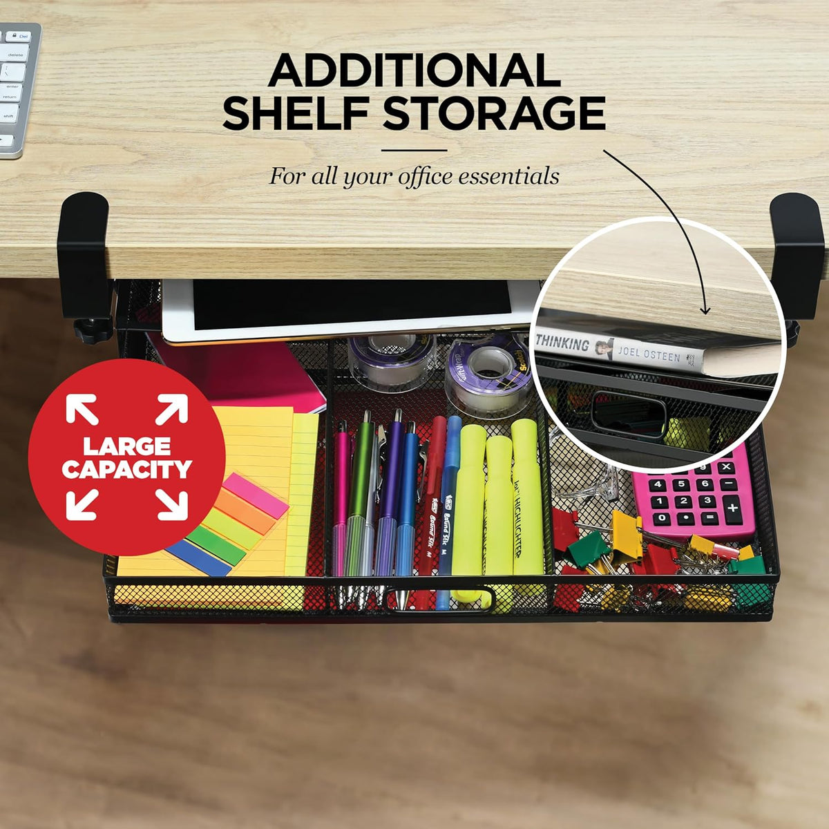 Under Desk Drawer Organizer Clamp-On, Mesh Metal Drawer Attachment, 2 Drawer Slide Out, On Or Under Desk Organizer For Office Supplies & Home Essentials (2 Drawers)