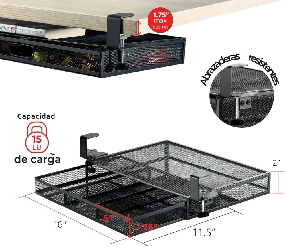 Under Desk Drawer Organizer Clamp-On, Mesh Metal Drawer Attachment, 2 Drawer Slide Out, On Or Under Desk Organizer For Office Supplies & Home Essentials (2 Drawers)