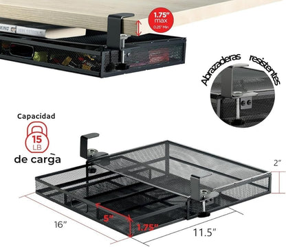 Under Desk Drawer Organizer Clamp-On, Mesh Metal Drawer Attachment, 2 Drawer Slide Out, On Or Under Desk Organizer For Office Supplies & Home Essentials (2 Drawers)