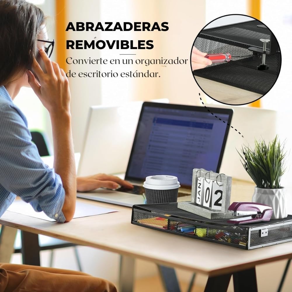 Under Desk Drawer Organizer Clamp-On, Mesh Metal Drawer Attachment, 2 Drawer Slide Out, On Or Under Desk Organizer For Office Supplies & Home Essentials (2 Drawers)