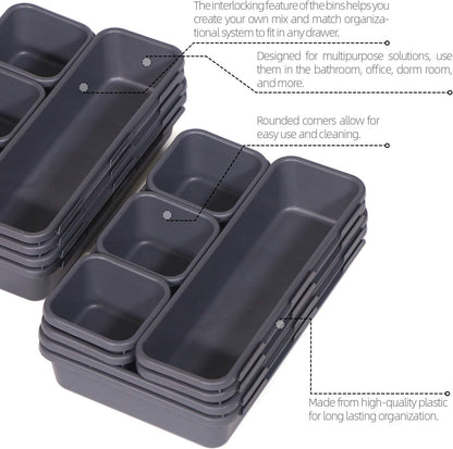 Set of 22 Interlocking Desk Drawer Organizer Tray Dividers Plastic Shallow Narrow Drawers Organizers Separators and Storage Bins Container for Kitchen Bathroom Makeup Office Vanity Bedroom Dresser
