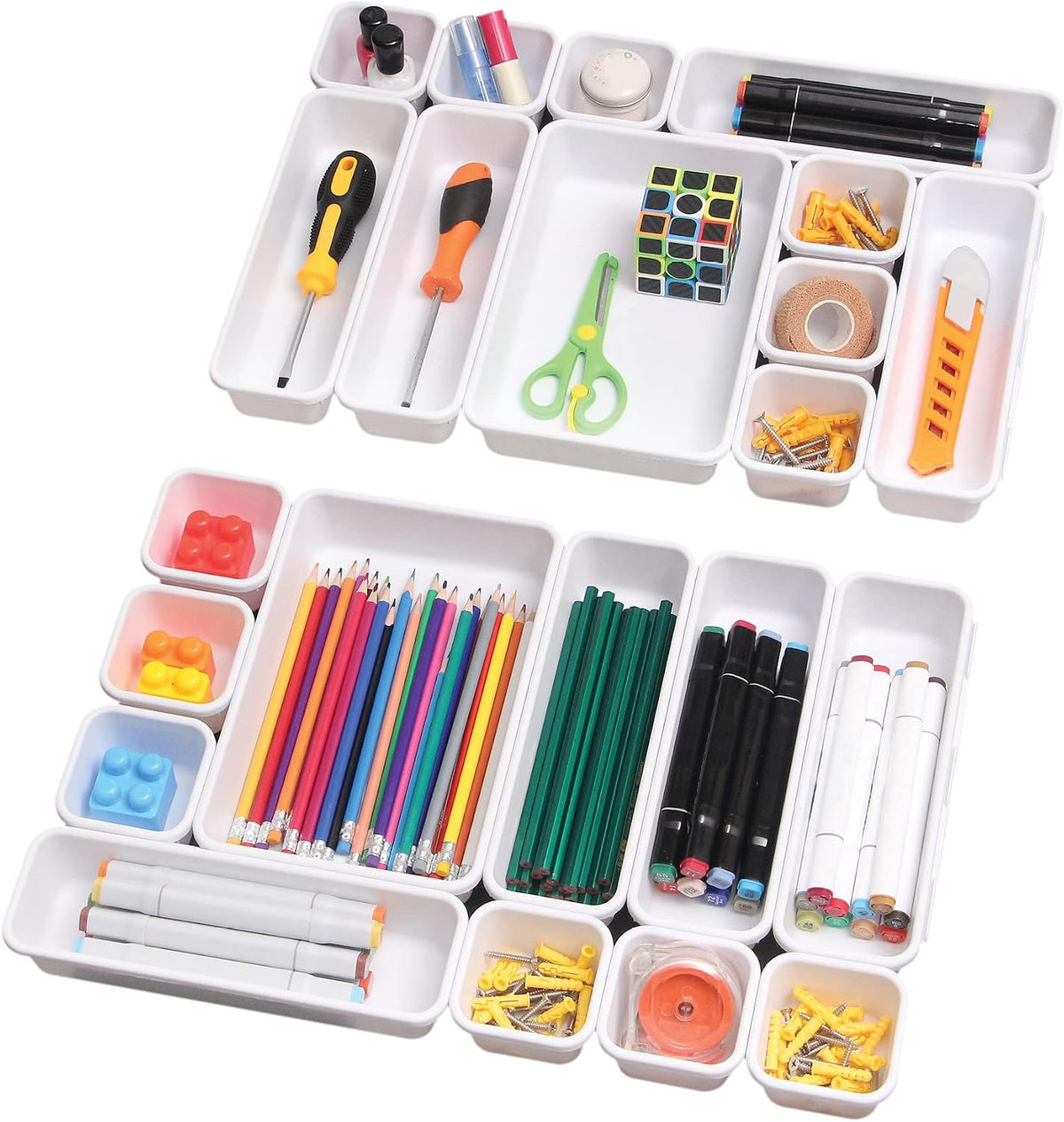 Set of 22 Interlocking Desk Drawer Organizer Tray Dividers Plastic Shallow Narrow Drawers Organizers Separators and Storage Bins Container for Kitchen Bathroom Makeup Office Vanity Bedroom Dresser