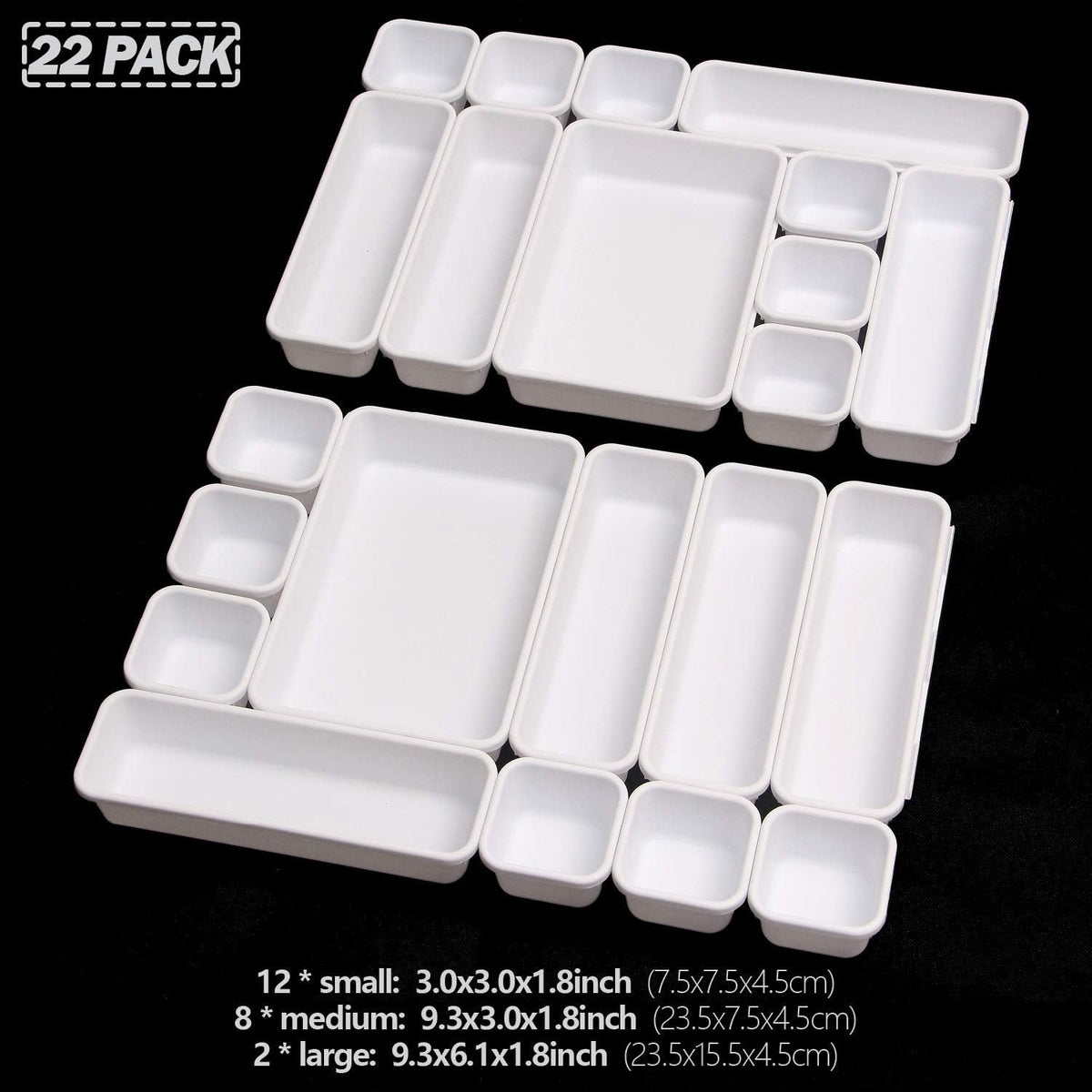 Set of 22 Interlocking Desk Drawer Organizer Tray Dividers Plastic Shallow Narrow Drawers Organizers Separators and Storage Bins Container for Kitchen Bathroom Makeup Office Vanity Bedroom Dresser