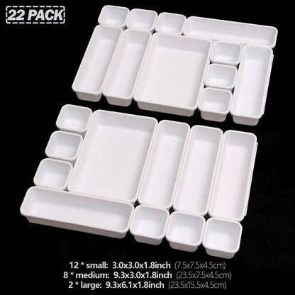 Set of 22 Interlocking Desk Drawer Organizer Tray Dividers Plastic Shallow Narrow Drawers Organizers Separators and Storage Bins Container for Kitchen Bathroom Makeup Office Vanity Bedroom Dresser