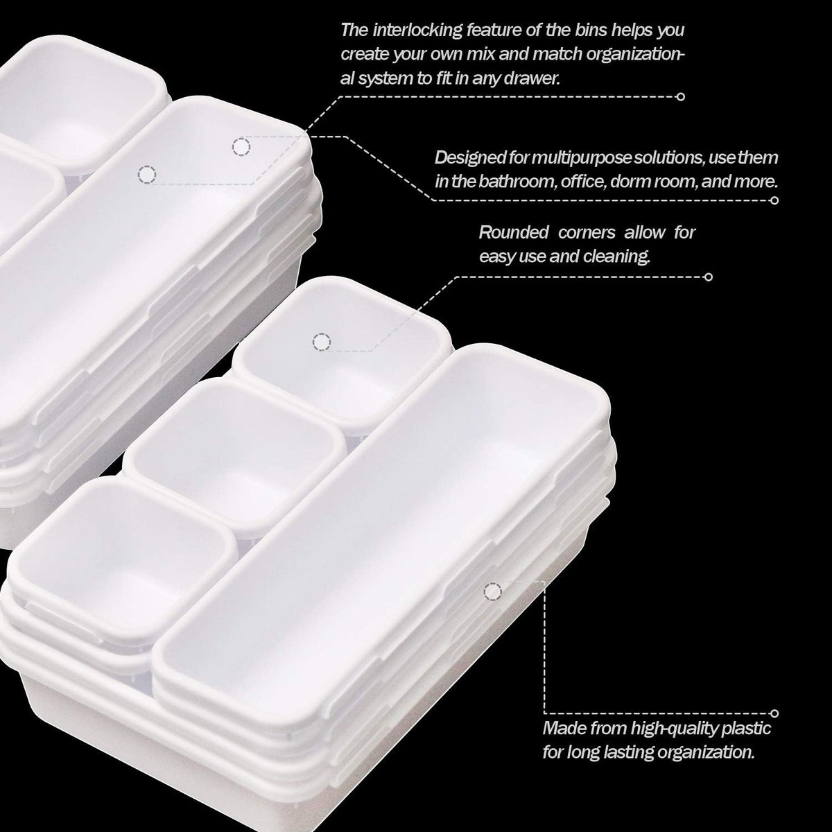 Set of 22 Interlocking Desk Drawer Organizer Tray Dividers Plastic Shallow Narrow Drawers Organizers Separators and Storage Bins Container for Kitchen Bathroom Makeup Office Vanity Bedroom Dresser