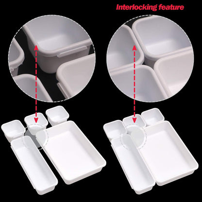 Set of 22 Interlocking Desk Drawer Organizer Tray Dividers Plastic Shallow Narrow Drawers Organizers Separators and Storage Bins Container for Kitchen Bathroom Makeup Office Vanity Bedroom Dresser