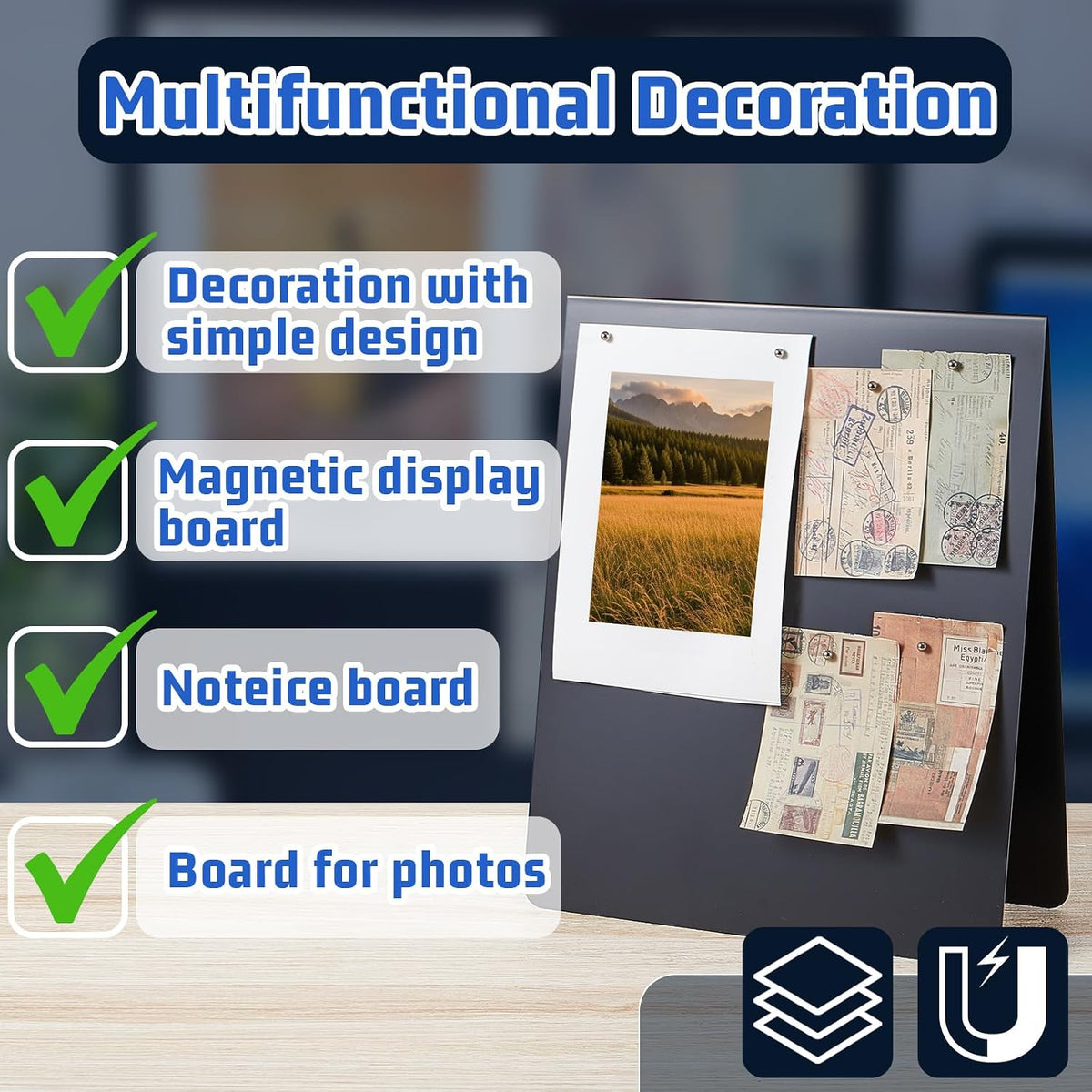 1 Pcs 12 x 10 Inch Magnetic Bulletin Board Metal Magnet Board Magnet Display Stand for Tabletop Desktop Home Kitchen Office Decor (Black)