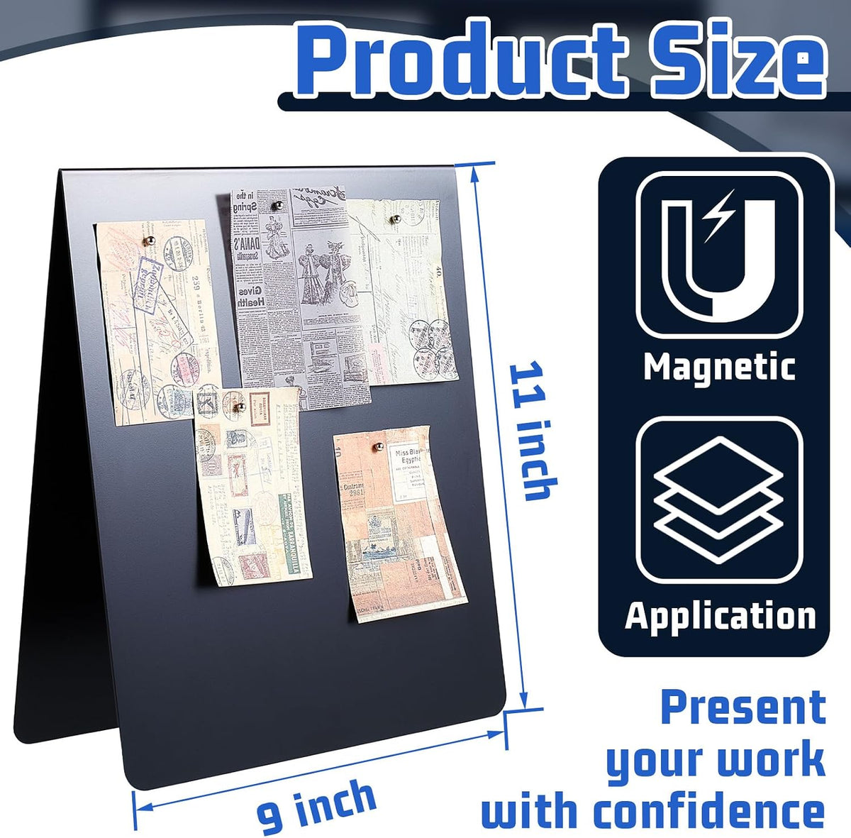 1 Pcs 12 x 10 Inch Magnetic Bulletin Board Metal Magnet Board Magnet Display Stand for Tabletop Desktop Home Kitchen Office Decor (Black)