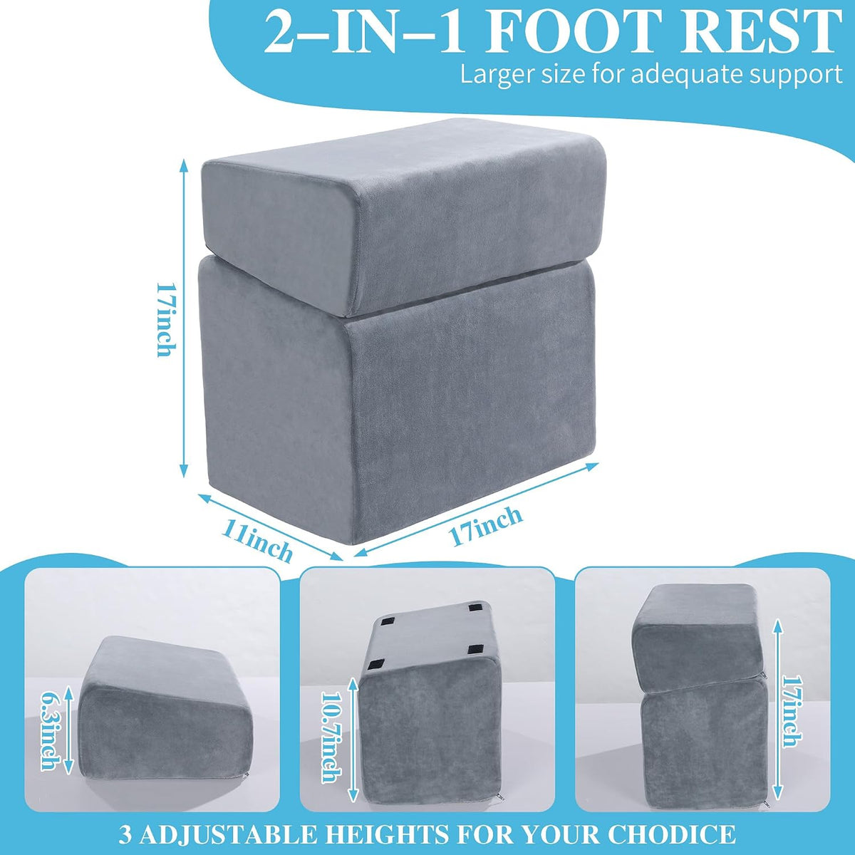 Under Desk Foot Rest, Ergonomic Office Footrest with 3 Adjustable Heights, High-Density Memory Foam Leg Rest for Home, Travel, Airplane with Washable Cover