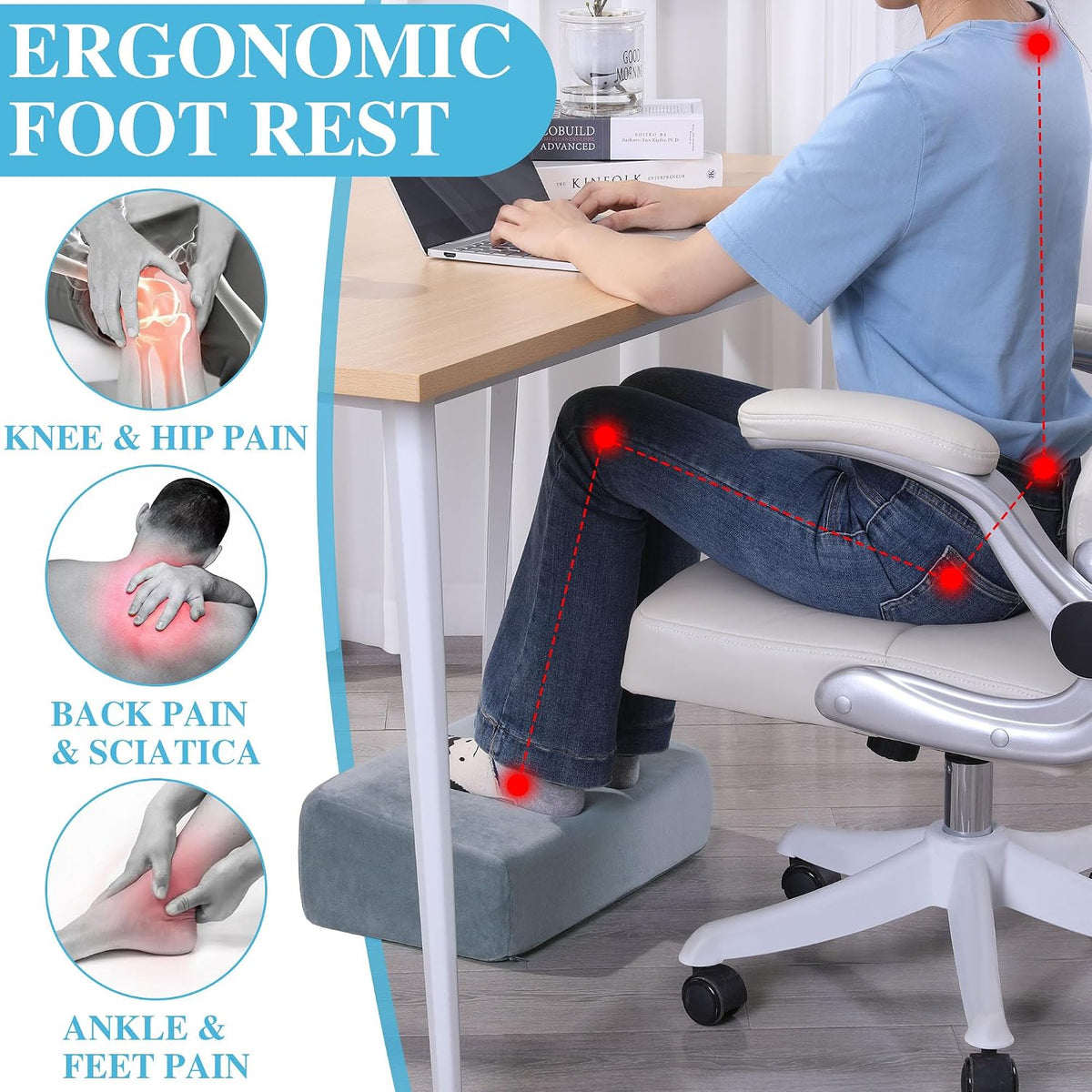 Under Desk Foot Rest, Ergonomic Office Footrest with 3 Adjustable Heights, High-Density Memory Foam Leg Rest for Home, Travel, Airplane with Washable Cover