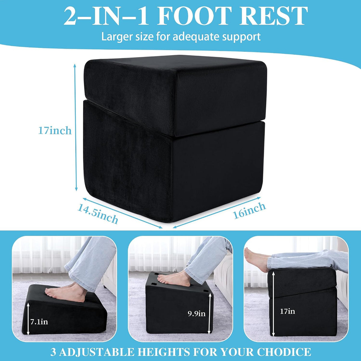 Under Desk Foot Rest, Ergonomic Office Footrest with 3 Adjustable Heights, High-Density Memory Foam Leg Rest for Home, Travel, Airplane with Washable Cover