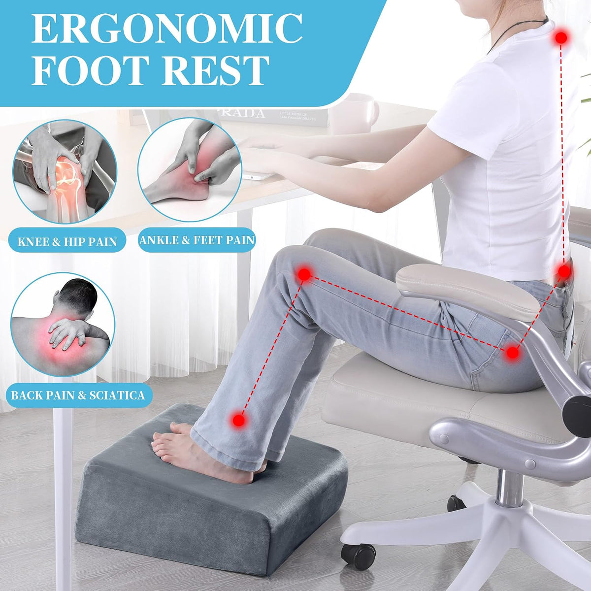 Under Desk Foot Rest, Ergonomic Office Footrest with 3 Adjustable Heights, High-Density Memory Foam Leg Rest for Home, Travel, Airplane with Washable Cover