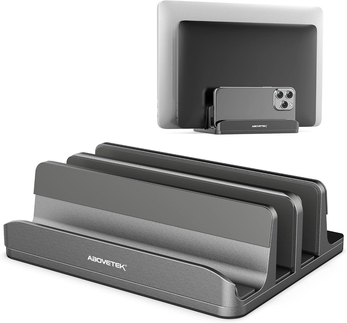 Vertical Laptop Stand, 3 Slots Aluminum Desk Laptop Holder & Laptop Docking Station Stand for MacBook, Tablet, Phone - Universal Fit (Up to 17.3") - Heavy Duty Polished, Anti Slide - Grey