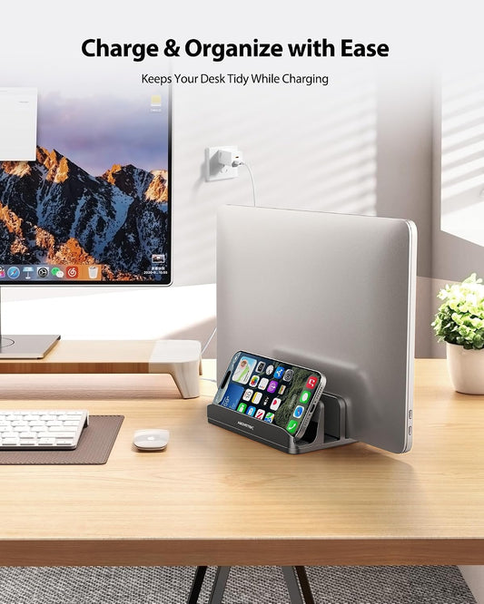 Vertical Laptop Stand, 3 Slots Aluminum Desk Laptop Holder & Laptop Docking Station Stand for MacBook, Tablet, Phone - Universal Fit (Up to 17.3") - Heavy Duty Polished, Anti Slide - Grey