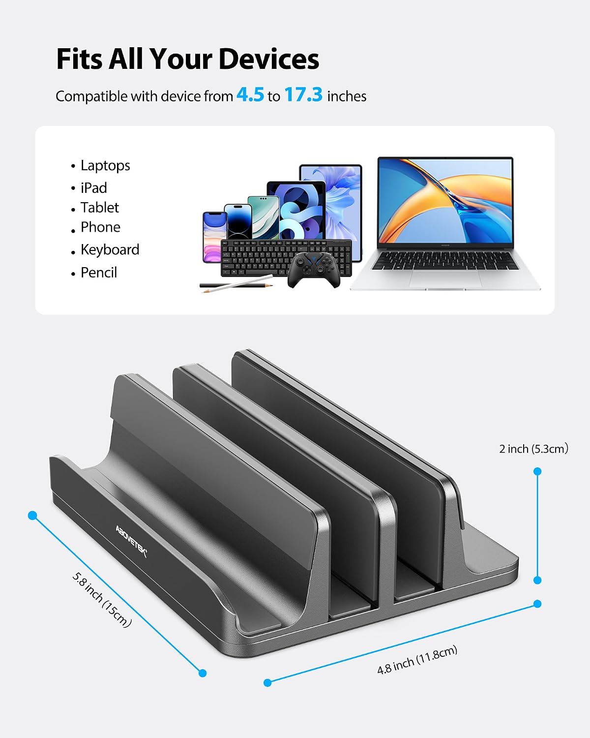 Vertical Laptop Stand, 3 Slots Aluminum Desk Laptop Holder & Laptop Docking Station Stand for MacBook, Tablet, Phone - Universal Fit (Up to 17.3") - Heavy Duty Polished, Anti Slide - Grey