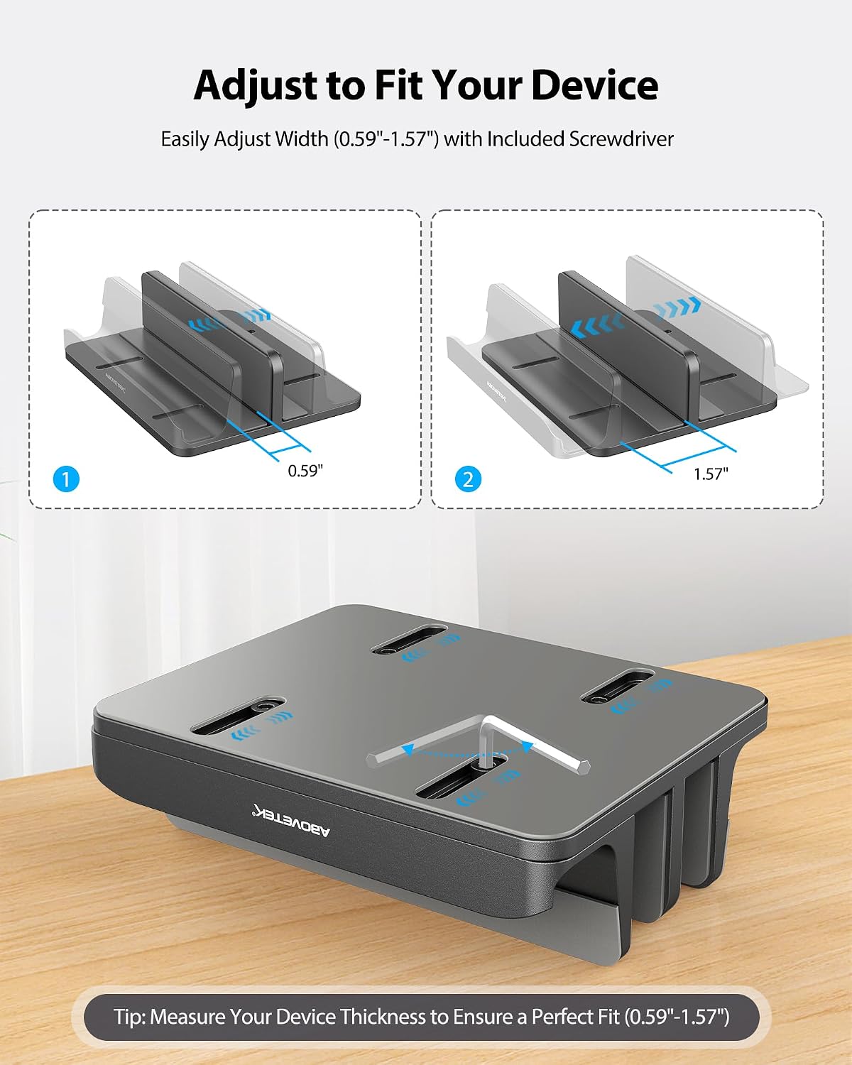 Vertical Laptop Stand, 3 Slots Aluminum Desk Laptop Holder & Laptop Docking Station Stand for MacBook, Tablet, Phone - Universal Fit (Up to 17.3") - Heavy Duty Polished, Anti Slide - Grey