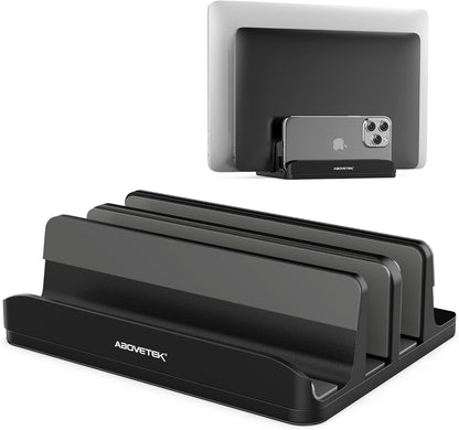 Vertical Laptop Stand, 3 Slots Aluminum Desk Laptop Holder & Laptop Docking Station Stand for MacBook, Tablet, Phone - Universal Fit (Up to 17.3") - Heavy Duty Polished, Anti Slide - Grey