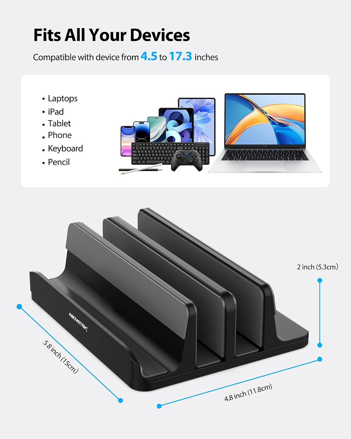 Vertical Laptop Stand, 3 Slots Aluminum Desk Laptop Holder & Laptop Docking Station Stand for MacBook, Tablet, Phone - Universal Fit (Up to 17.3") - Heavy Duty Polished, Anti Slide - Grey