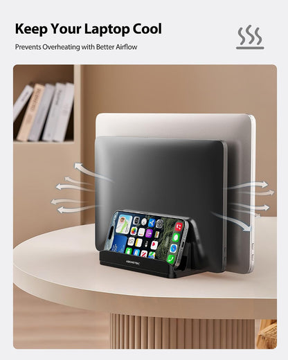 Vertical Laptop Stand, 3 Slots Aluminum Desk Laptop Holder & Laptop Docking Station Stand for MacBook, Tablet, Phone - Universal Fit (Up to 17.3") - Heavy Duty Polished, Anti Slide - Grey