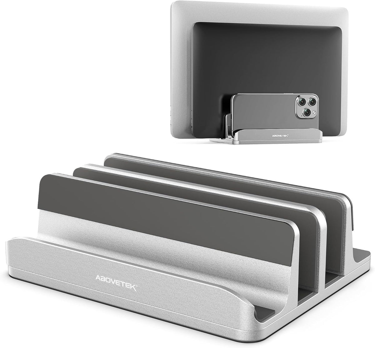 Vertical Laptop Stand, 3 Slots Aluminum Desk Laptop Holder & Laptop Docking Station Stand for MacBook, Tablet, Phone - Universal Fit (Up to 17.3") - Heavy Duty Polished, Anti Slide - Grey