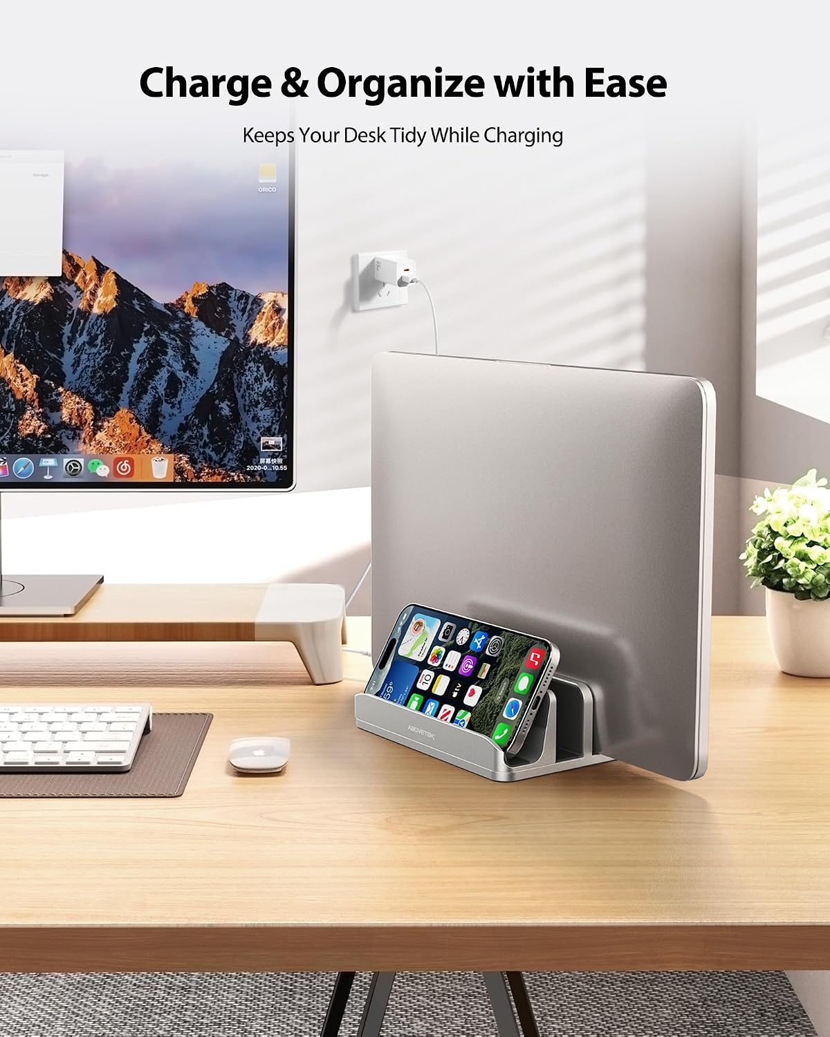 Vertical Laptop Stand, 3 Slots Aluminum Desk Laptop Holder & Laptop Docking Station Stand for MacBook, Tablet, Phone - Universal Fit (Up to 17.3") - Heavy Duty Polished, Anti Slide - Grey