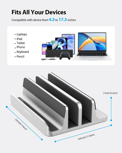 Vertical Laptop Stand, 3 Slots Aluminum Desk Laptop Holder & Laptop Docking Station Stand for MacBook, Tablet, Phone - Universal Fit (Up to 17.3") - Heavy Duty Polished, Anti Slide - Grey